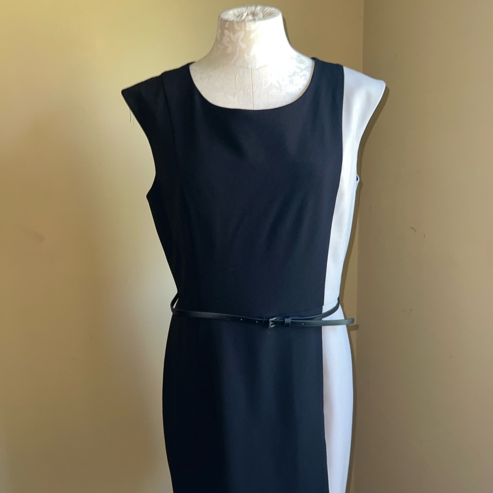 Calvin Klein Black and Cream Colorblock Belted Sheath Dress - Picture 5 of 12